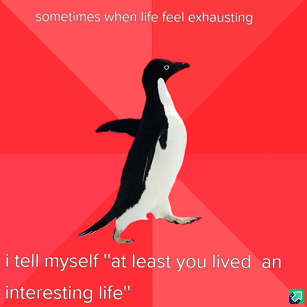 A black-and-white penguin walks against a red background divided by diagonal lines. The top text reads 'sometimes when life…