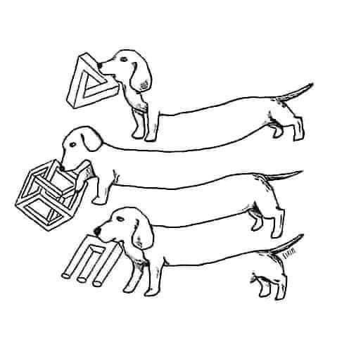 Three dachshunds are drawn in a vertical line, each holding an increasingly complex object: the top dog holds a 3D triangle…