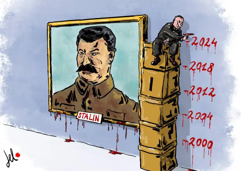 A cartoon depicts a small figure of Vladimir Putin sitting atop a stack of five identical yellow boxes, pointing a finger…