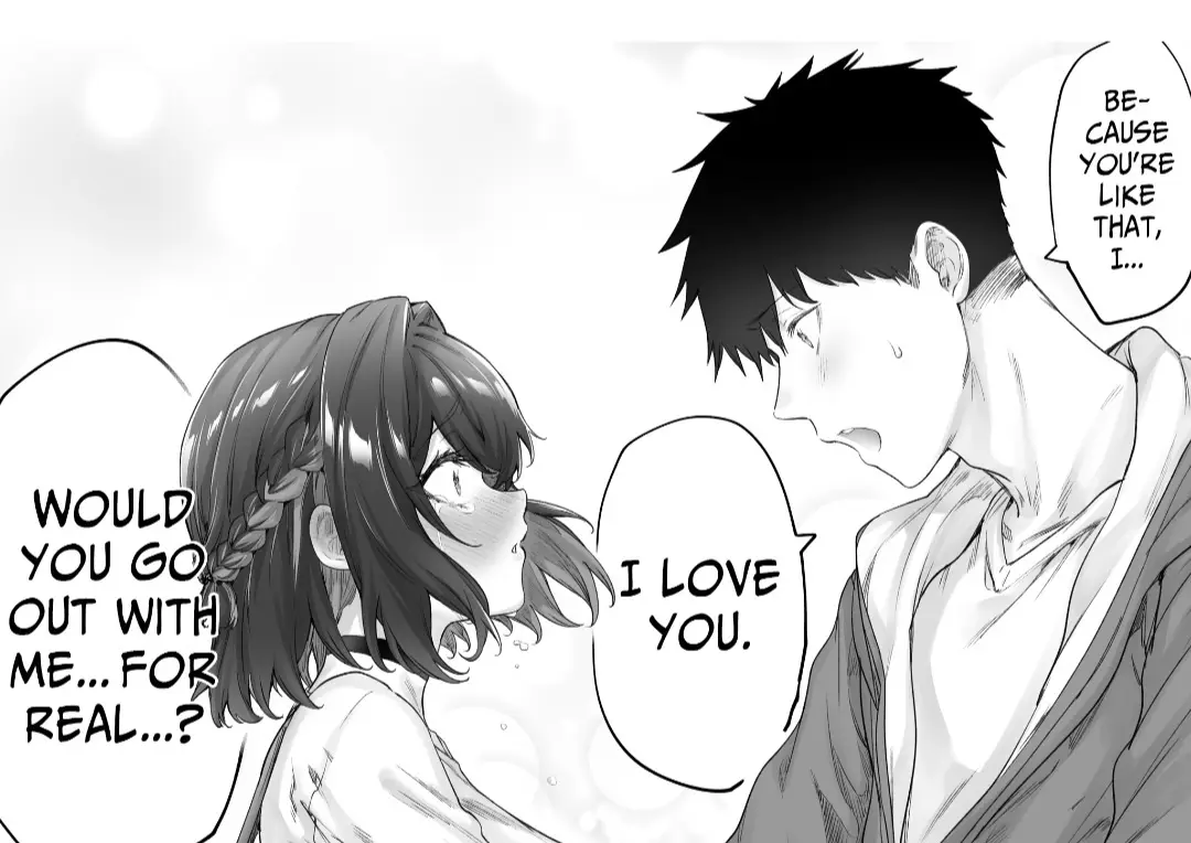 A black-and-white manga panel shows a girl with braided hair asking a boy if he would go out with her for real, to which he…