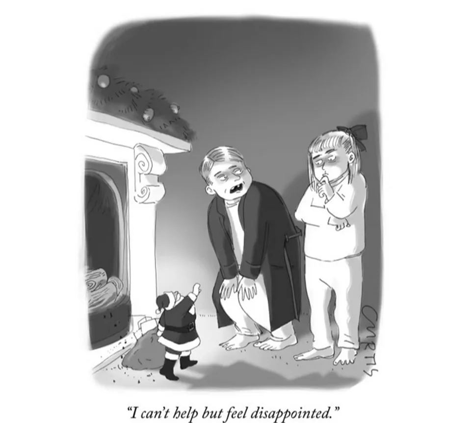 A black-and-white cartoon depicts a small, traditional Santa Claus figure standing before a fireplace, gesturing upward with…