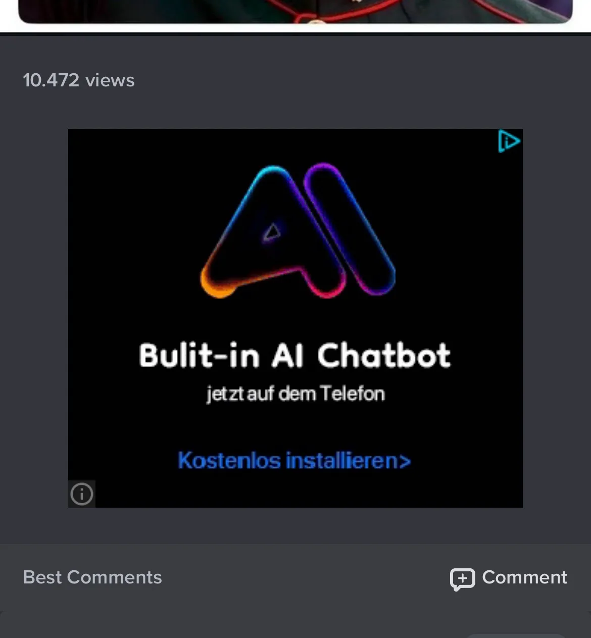 An advertisement image with a glowing, colorful 'AI' logo on a black background. Below the logo, white text reads 'Bulit-in…