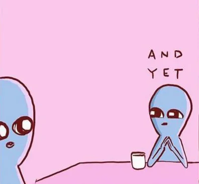 Two blue cartoon aliens sit at a pink table; one looks surprised while the other, with hands clasped, stares forward with a…