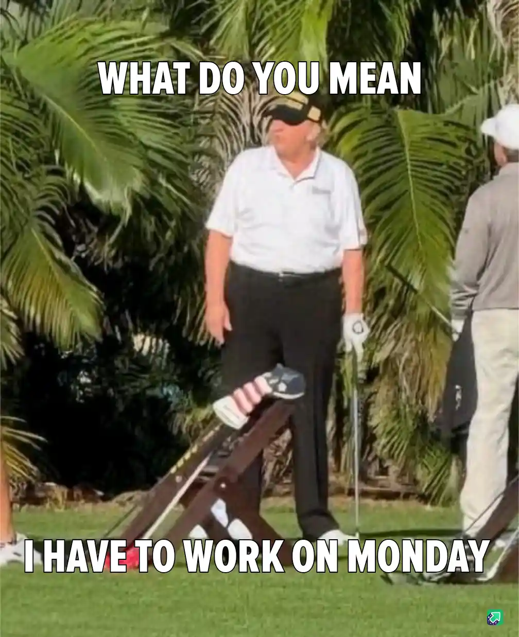 A man in a white polo shirt and black pants stands on a golf course with palm trees in the background, one foot resting on a…