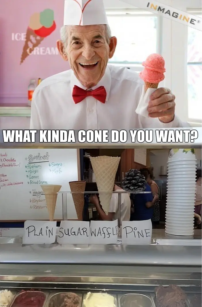 An elderly man in a white shirt, red bowtie, and paper chef's hat smiles while holding a pink ice cream cone. Below him, an…