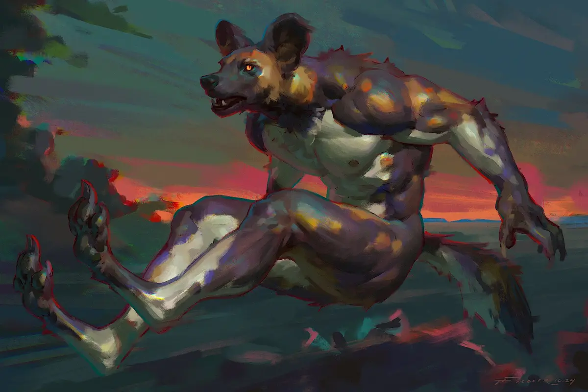 A digitally painted artwork depicts a muscular, humanoid figure with the head and paws of a wild dog, possibly an African…