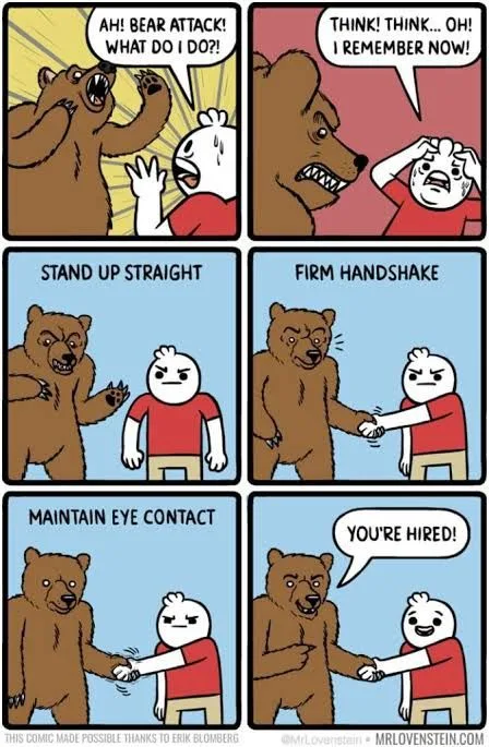 A six-panel comic strip shows a man panicking from a bear attack, then remembering how to handle it by standing straight…