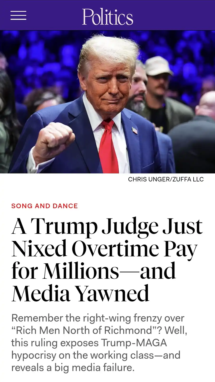 The image shows Donald Trump in a blue suit and red tie, making a fist, overlaid with a fake news article headline that…