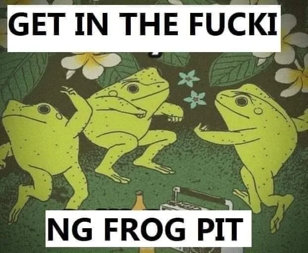 Three cartoon frogs are depicted in a jungle setting with flowers and leaves, appearing to be dancing or celebrating. The…