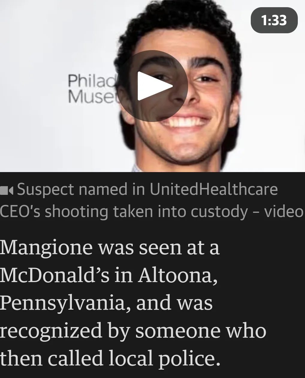 The image shows a smiling man with dark curly hair, overlaid with a video play button and a timestamp of 1:33. Below, a news…