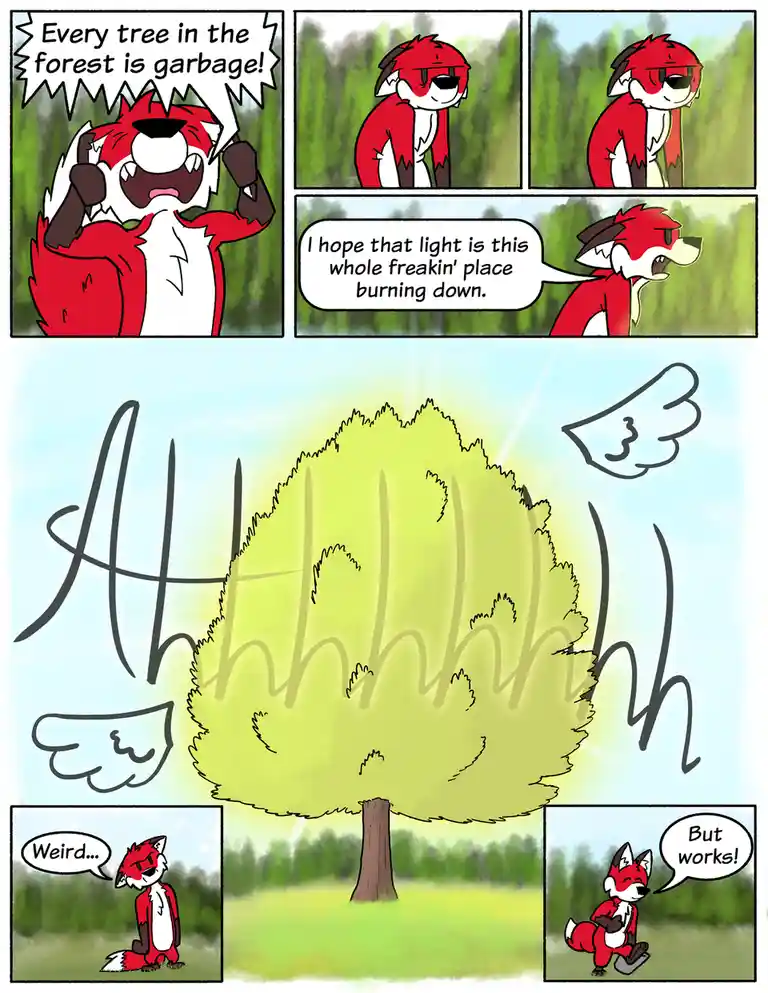 A red fox character expresses extreme disdain for the forest, declaring every tree garbage and hoping the bright light…