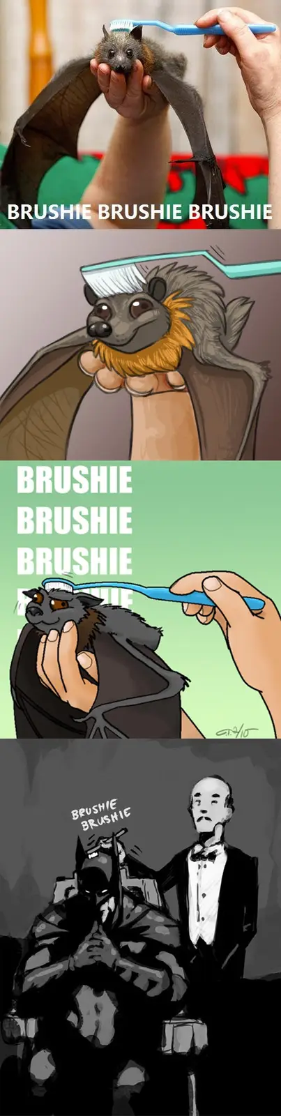 A four-panel meme showing a person brushing a bat's teeth with a toothbrush, followed by cartoon versions of the same scene…