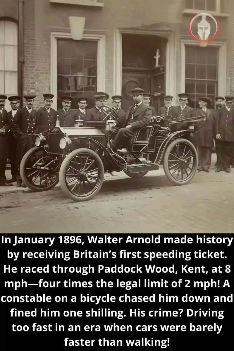 A sepia-toned historical photograph shows a man in a suit driving an early 1900s automobile, with a group of uniformed men…