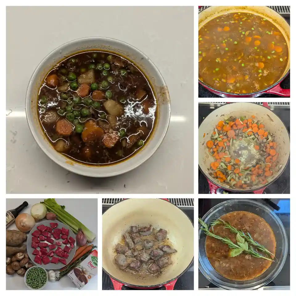 A six-panel collage showing the process of making beef stew: ingredients (beef, carrots, onions, peas, broth), searing meat…