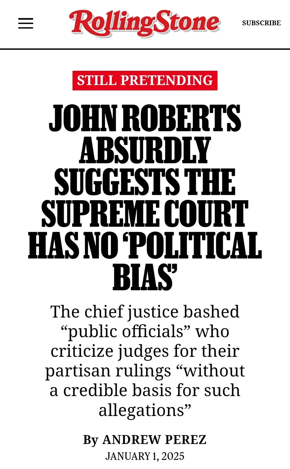 The image displays a mock Rolling Stone magazine article headline with bold black text on a white background. The main…