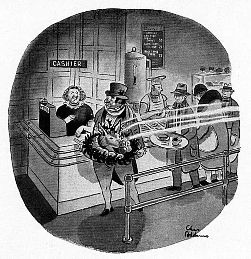A vintage black-and-white cartoon depicts a man in a top hat and formal attire holding a large, ornate wreath while standing…