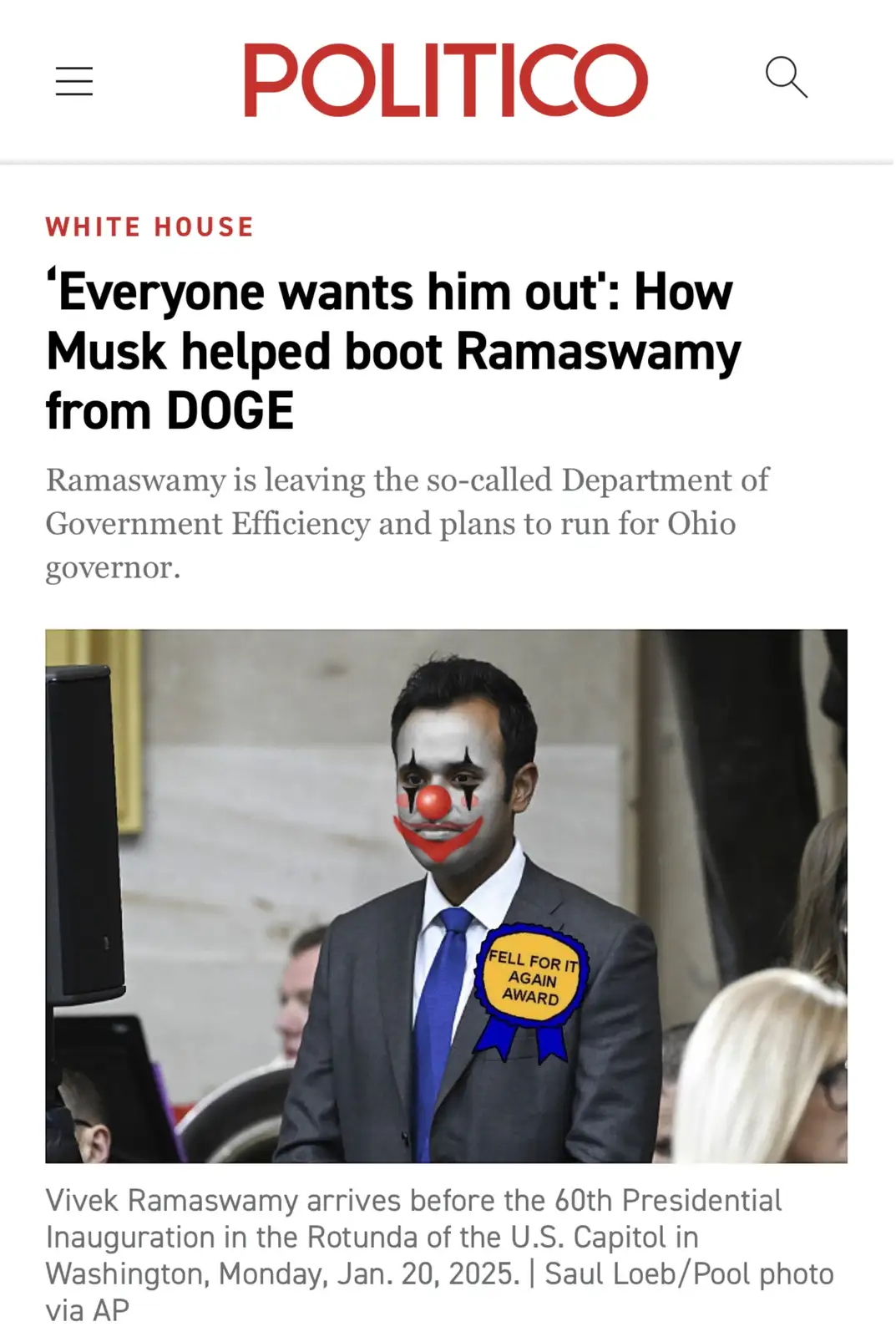 A screenshot of a Politico article about Vivek Ramaswamy leaving DOGE, overlaid with a clown face filter and a 'FELL FOR IT…