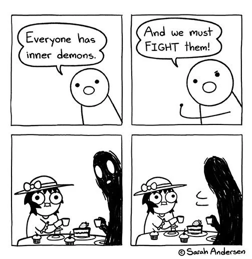 A four-panel comic strip by Sarah Andersen shows a simple stick figure declaring everyone has inner demons and must fight…