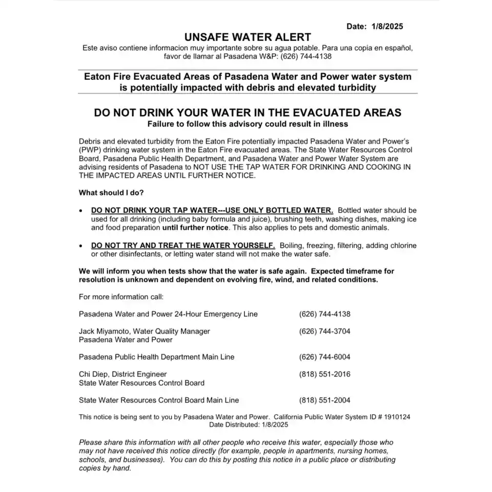 A formal-looking public notice dated 1/8/2025 titled 'UNSAFE WATER ALERT' warns residents in evacuated areas about potential…