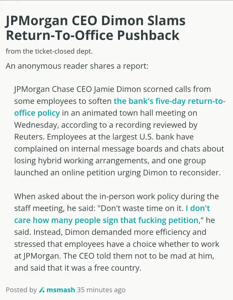 The image displays a news article snippet about JPMorgan CEO Jamie Dimon's strong stance against employee pushback on a…