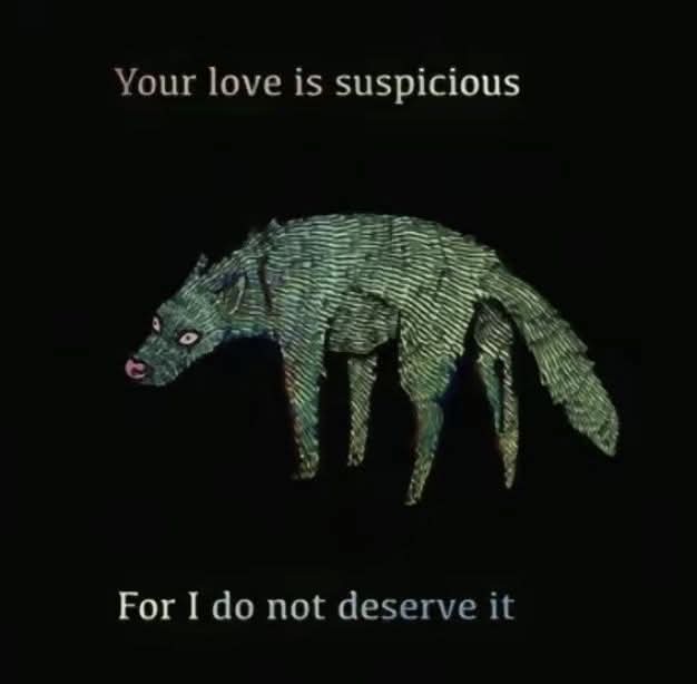 A dark, textured green wolf-like creature with glowing eyes stands against a black background. White text at the top reads…