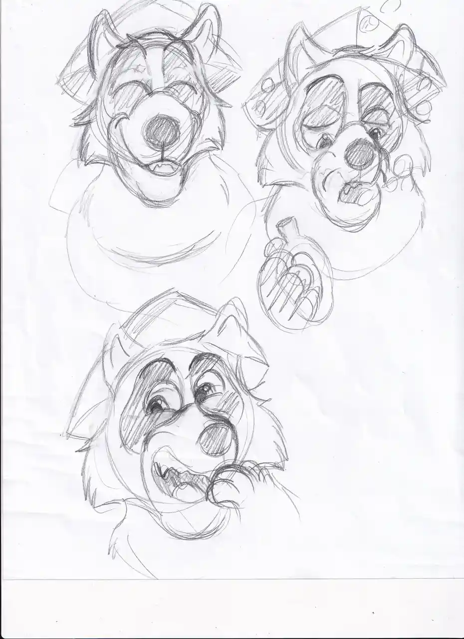 A pencil sketch shows three cartoonish animal faces, each with a different exaggerated expression: one smiling broadly, one…