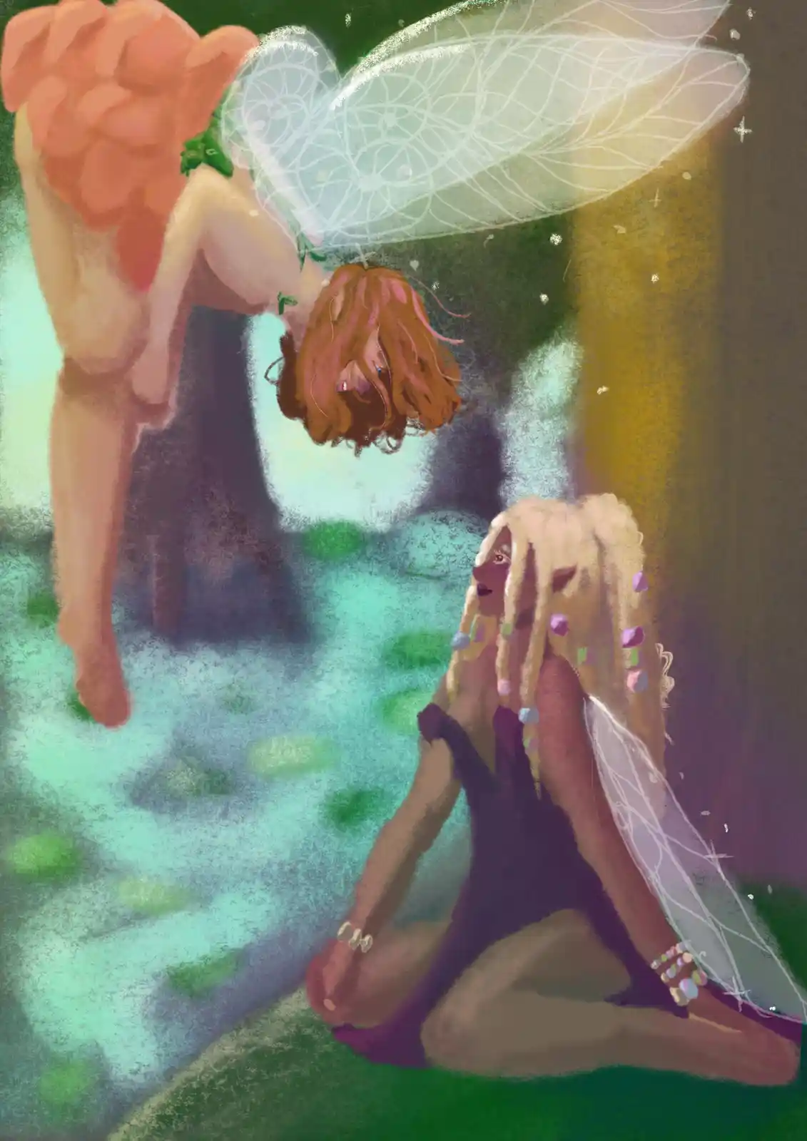 An illustration shows a fairy with large, translucent wings and reddish hair hanging upside down from a tree branch, while…