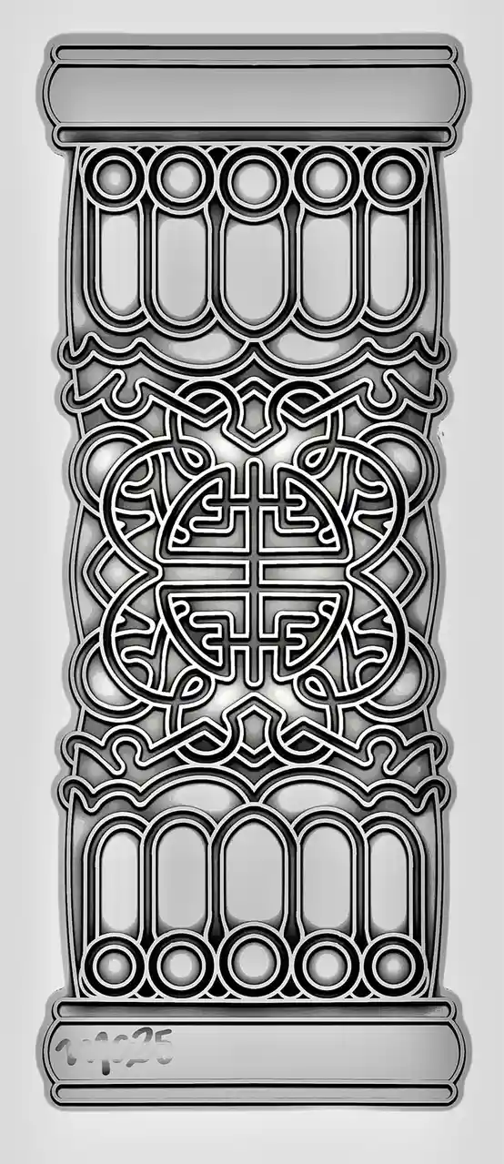 A grayscale, highly detailed illustration of an ornate, decorative column with intricate geometric and Celtic-style knotwork…