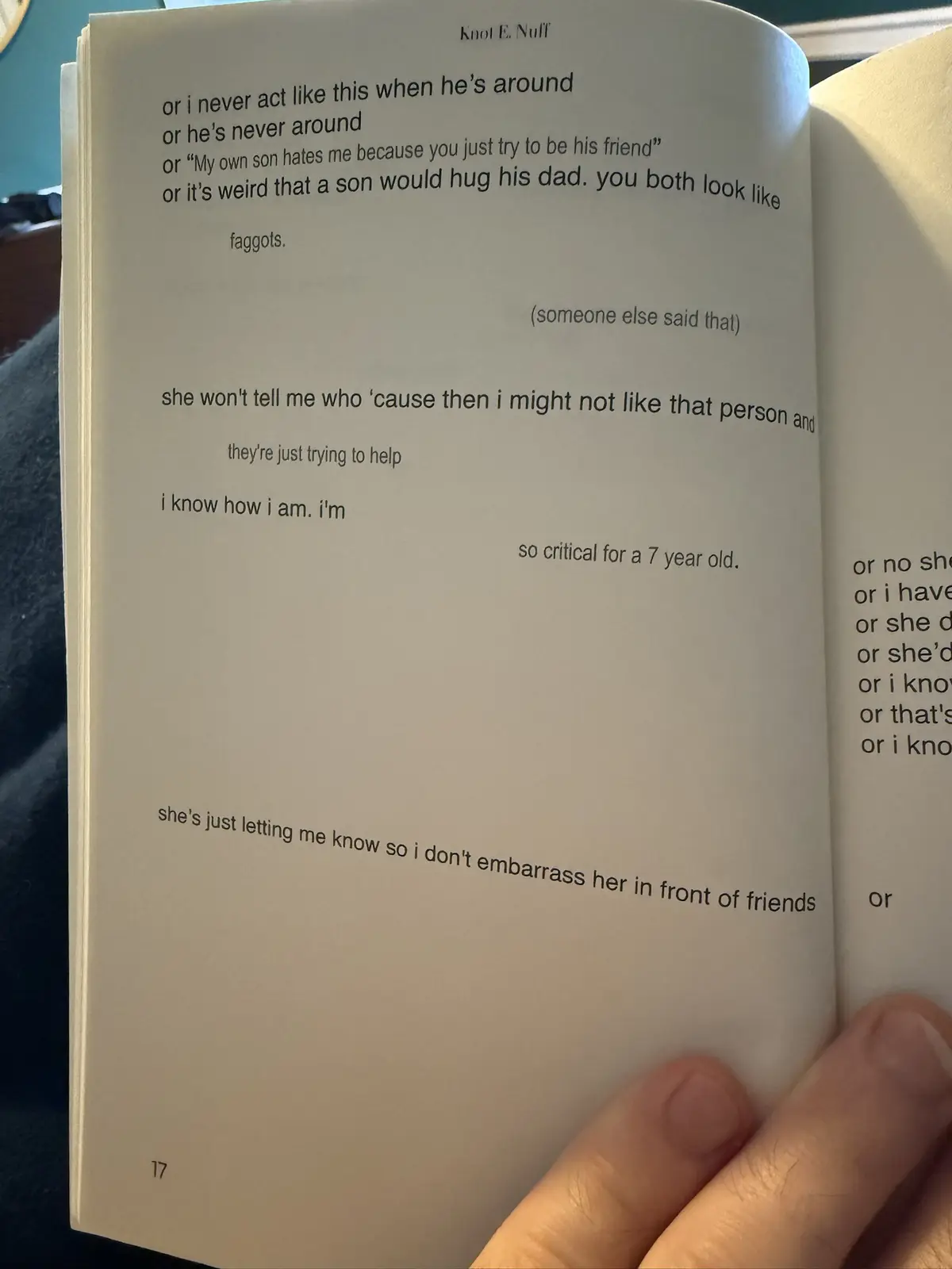 A close-up photo shows a person's hand holding open a book to page 17, displaying text from 'Knol E. Nuff'. The visible text…