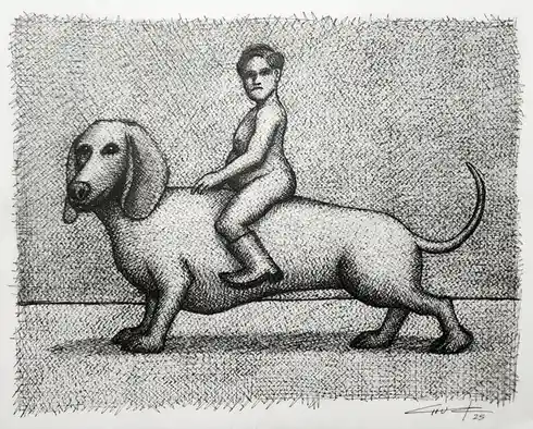 A black-and-white pen drawing shows a nude human figure riding a dachshund, which is depicted with a long body and…