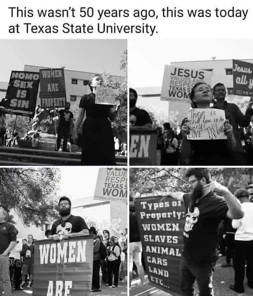A black-and-white collage of four photos showing protesters at Texas State University holding signs with hateful slogans…