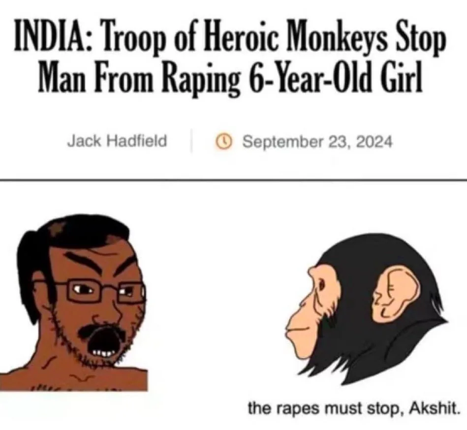 The image mimics a fake news article header with the headline 'INDIA: Troop of Heroic Monkeys Stop Man From Raping…