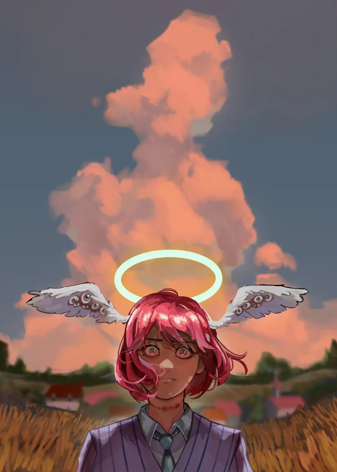 An anime-style character with short pink hair and a pinstripe suit stands in a field under a sunset sky. They have a glowing…
