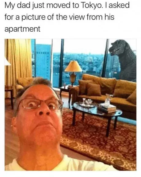 A man with glasses takes a selfie in a luxurious Tokyo apartment with a city view, but a giant Godzilla head is visible…
