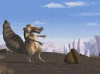 A sequence of six frames shows a cartoon squirrel from 'Ice Age' holding an acorn. Initially, it stands upright, then spins…