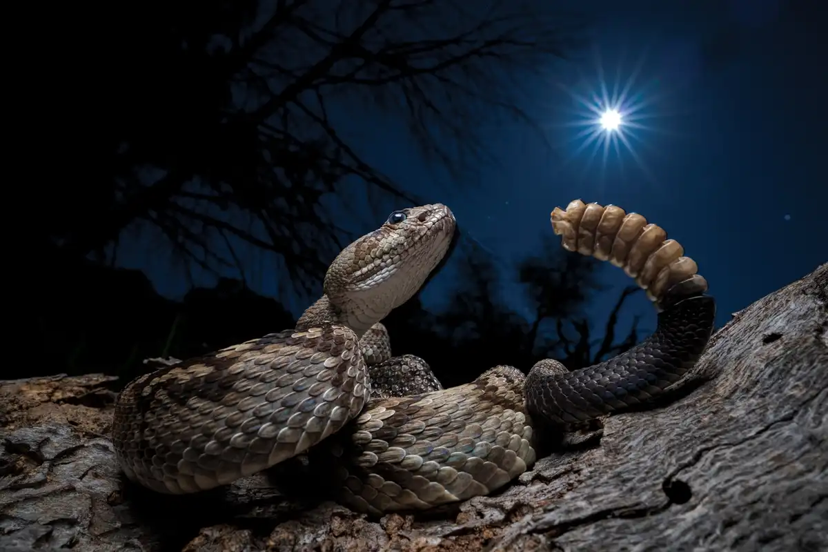 A coiled rattlesnake rests on a log under a bright, starburst moon, its rattle raised as if in protest. The image is…