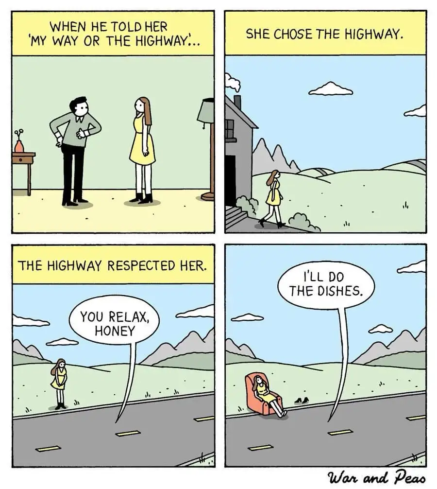 A four-panel comic strip shows a man and woman arguing indoors, then the woman walking away down a road. The highway…