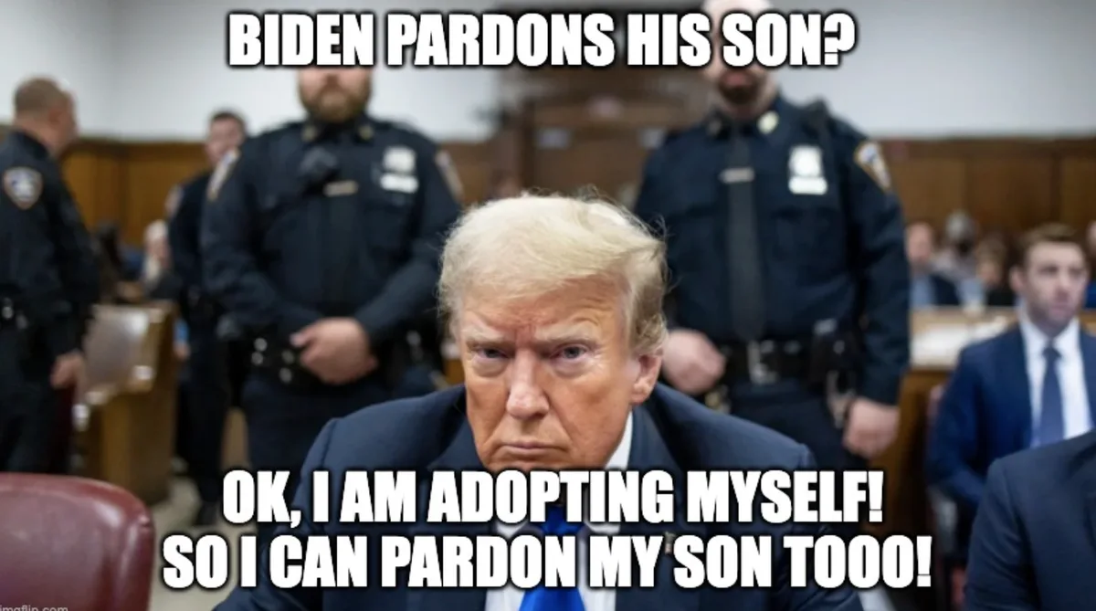A photo of Donald Trump in a courtroom setting, looking sternly forward with police officers standing behind him. The…