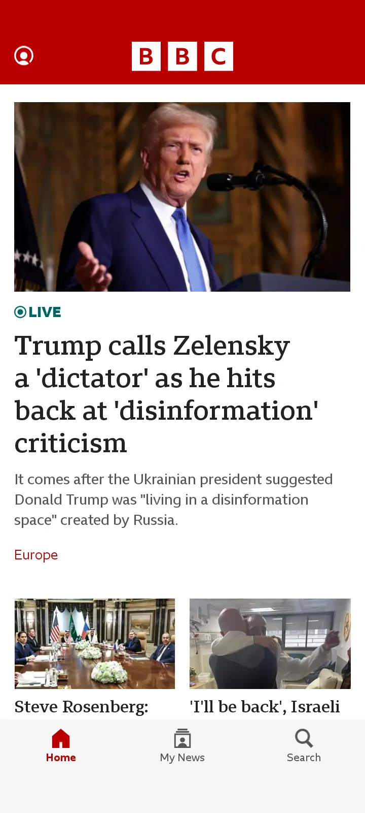 A screenshot of a BBC news article shows Donald Trump speaking at a podium, with the headline 'Trump calls Zelensky a…