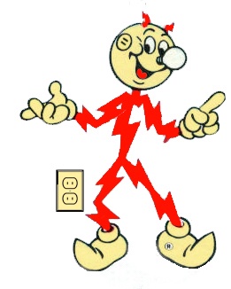 A cartoon character made of red lightning bolts with a round head, smiling, and giving two thumbs up while standing on…