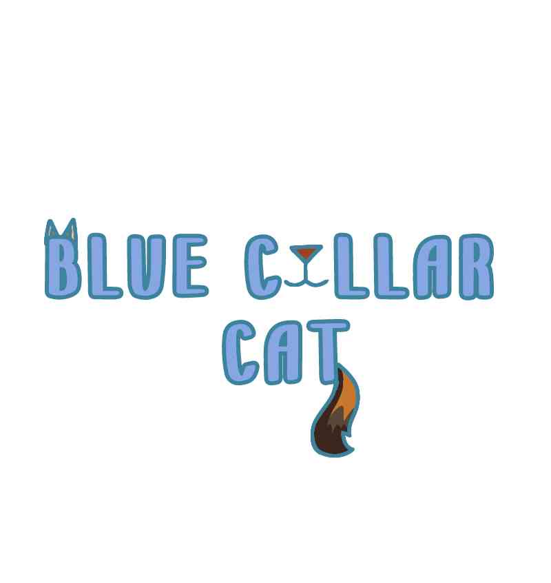 The image displays the text 'BLUE COLLAR CAT' in a stylized blue font. The letter 'B' has cat ears, the letter 'C' is…
