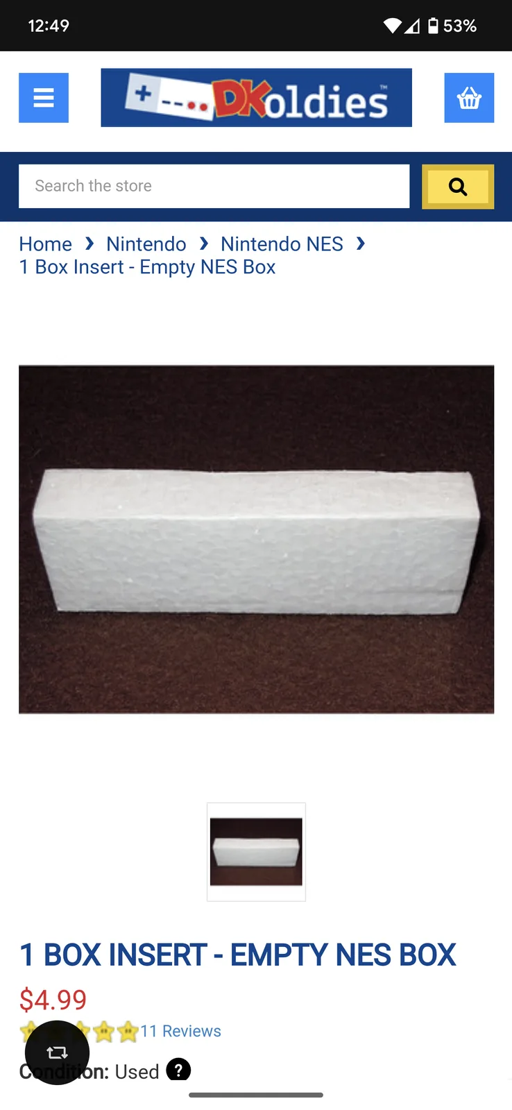 A screenshot of a DKoldies online store listing for a '1 Box Insert - Empty NES Box', showing a plain white foam insert…