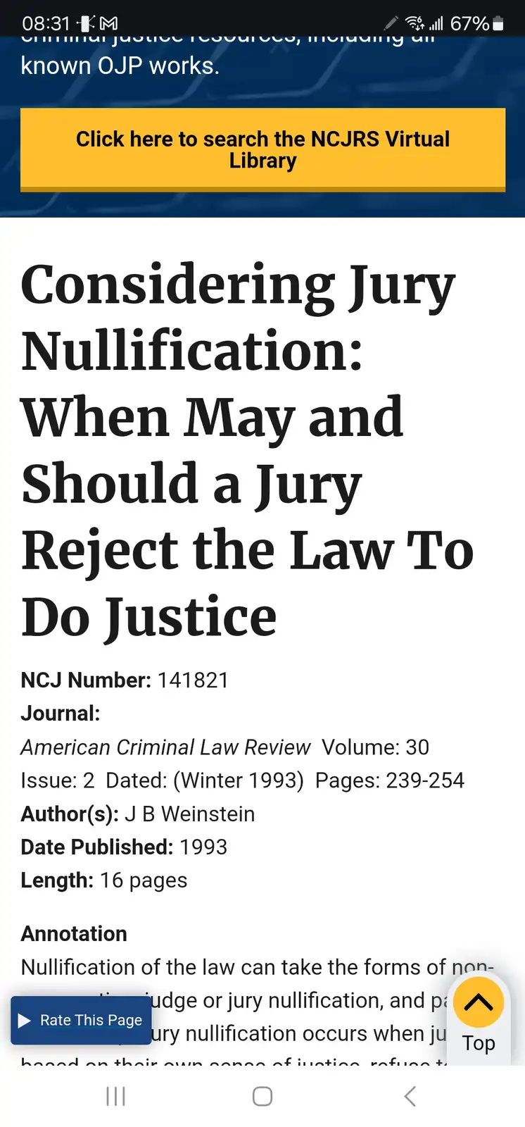 A screenshot of a 1993 academic article titled 'Considering Jury Nullification: When May and Should a Jury Reject the Law To…