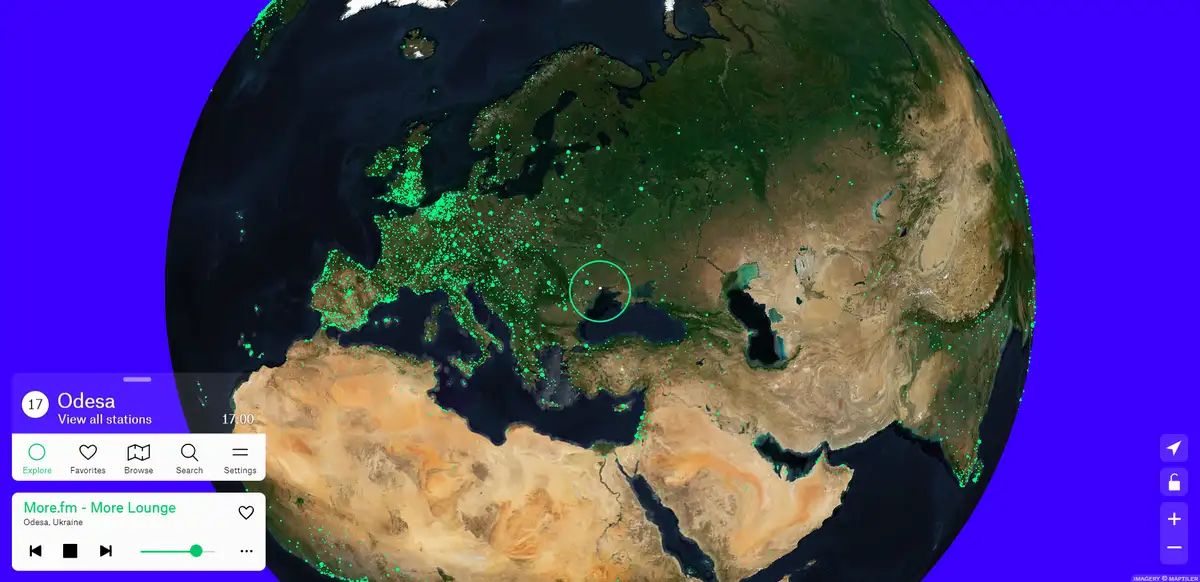 A screenshot of a radio app interface overlaid on a satellite map of Earth, showing a green circle around Odesa, Ukraine…