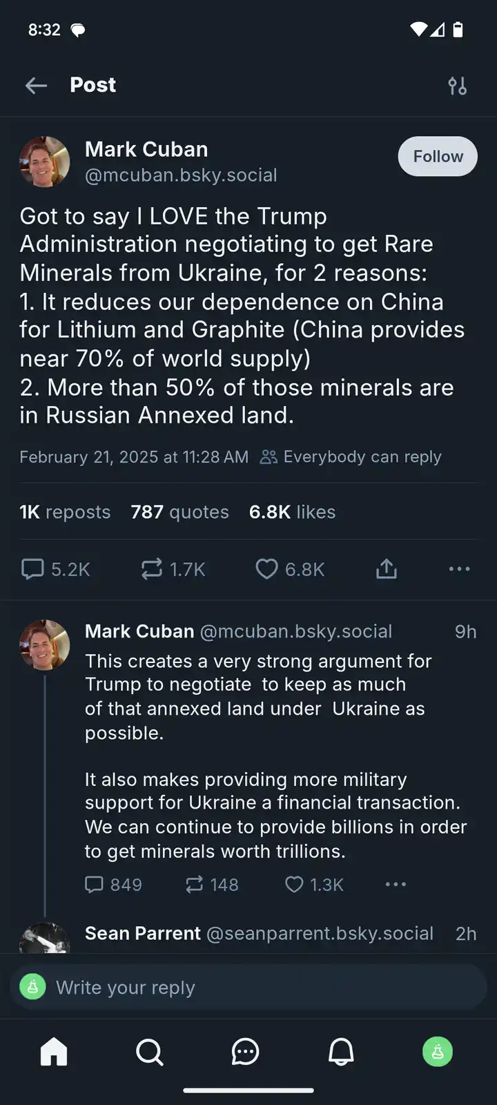 A screenshot of a Bluesky social media post by Mark Cuban showing his two-part comment. The first part states he loves the…