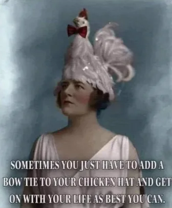 A vintage-style portrait of a woman wearing an elaborate, tall white feathered hat with a small white chicken perched on…