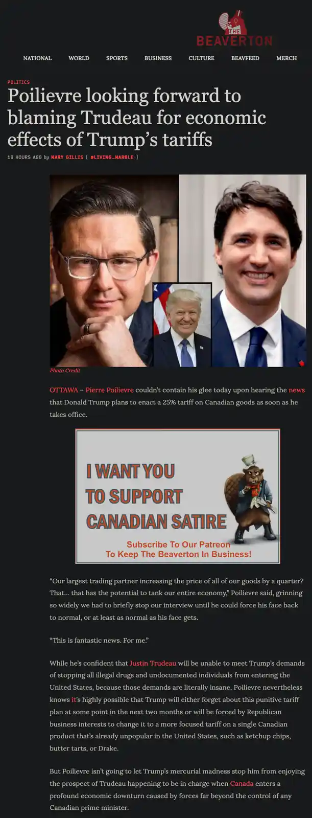 A satirical news article from 'The Beaverton' features photos of Canadian politicians Pierre Poilievre and Justin Trudeau…