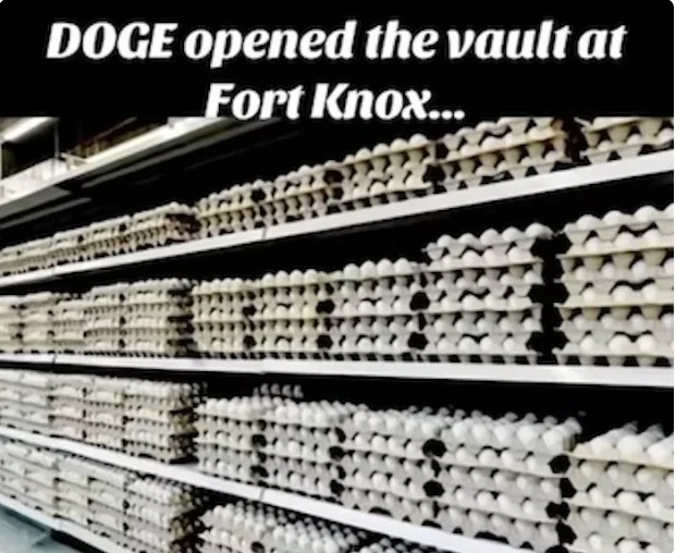 Rows of egg cartons filled with white eggs are stacked high on supermarket shelves. Overlaid text in bold white font reads…