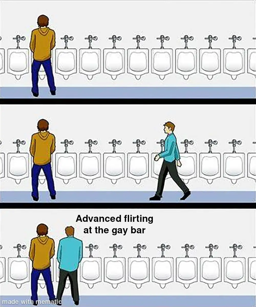 The image shows three panels of a man in a yellow hoodie standing at a row of urinals. In the first panel, he's alone. In…