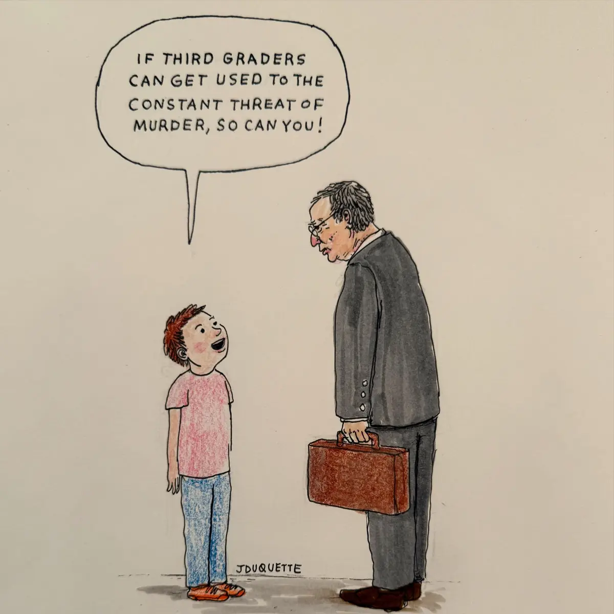 A cartoon depicts a small child in a pink shirt and blue pants looking up at a tall, bespectacled man in a grey suit holding…
